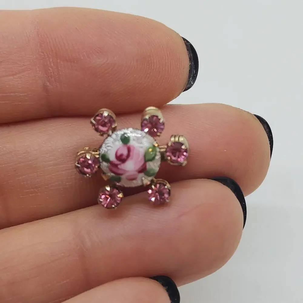 Vintage 1950s Brooch Hand Painted Pink Rose Guilloche Enamel & Pink Rhinestone